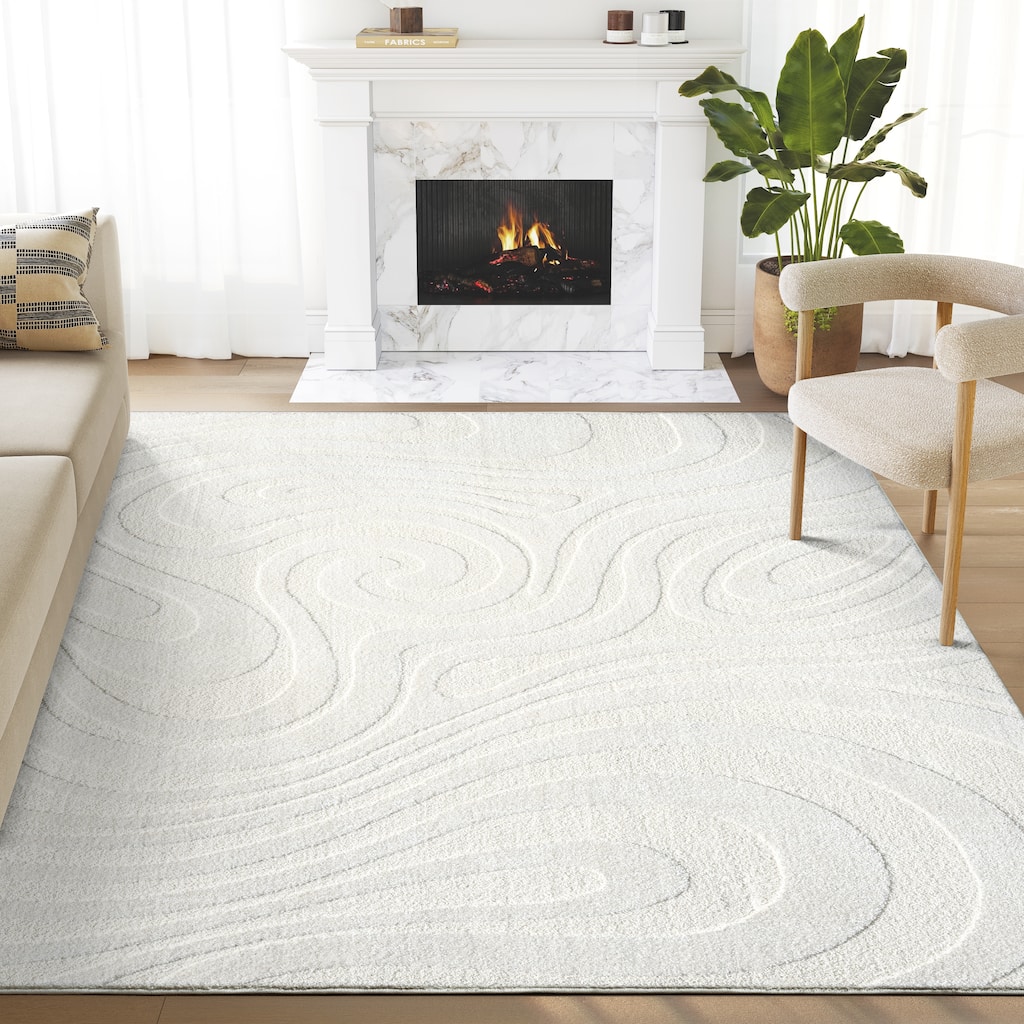 Abani Cozy COZ130A Modern Cream Swirl Waves Area Rug