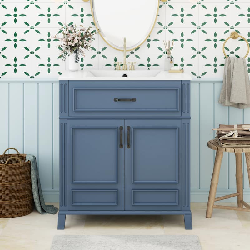 30" Freestanding Bathroom Vanity with White Integrated Ceramic Sink - 30'' x 18.3'' x 33.85'' - Painted - 30'' x 18.3'' x 33.85'' - Blue