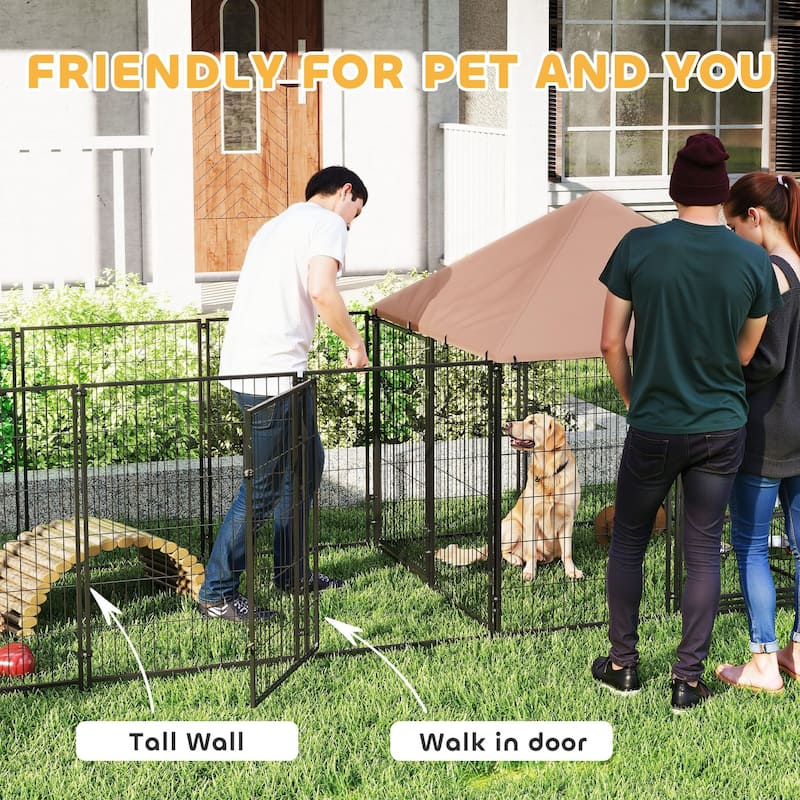 Coffee Steel Dog Kennel with 2 Rooms, Activity Area and Adjustable Bowls - 16.2' L x 4.7' W x 5.1' H