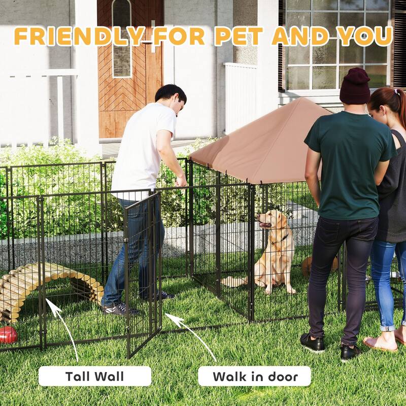 PawHut Dog Kennel Outside with 2 Rooms, Large Outdoor Dog Kennel with Rotating & Adjustable Height Bowls, Waterproof