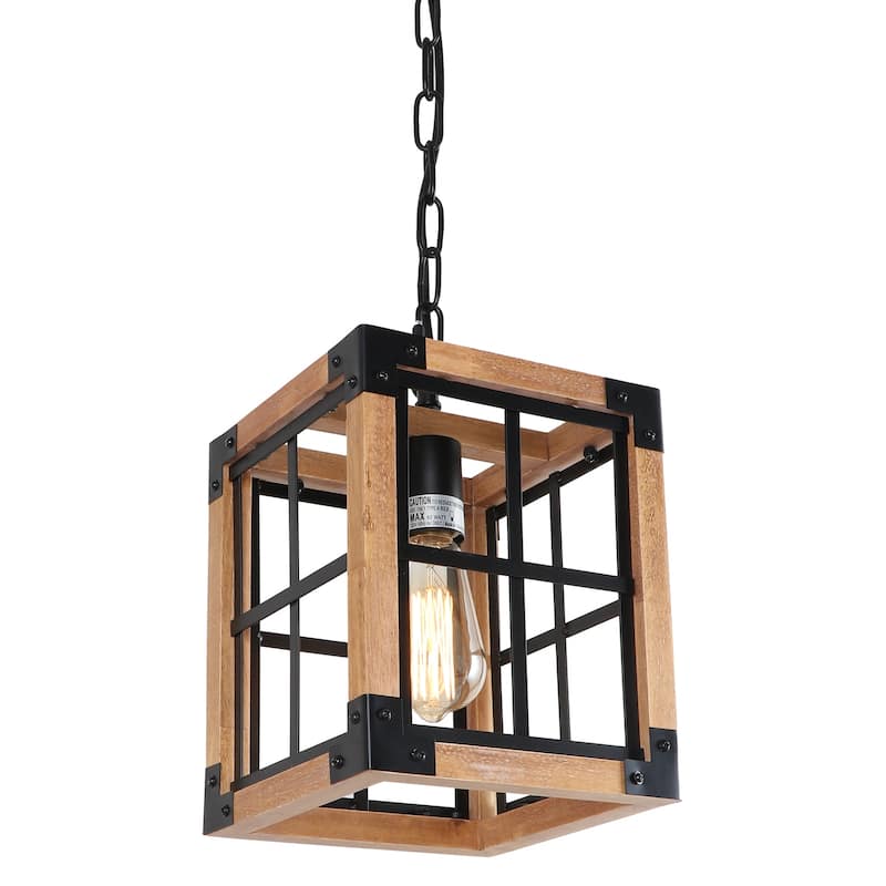 Anmytek Farmhouse Rustic 1-Light Wood Foyer Pendant Lights Industrial Kitchen Island Lights