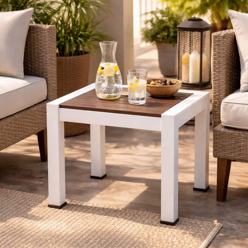 Josh 18 Inch Side End Table, Smooth Gray Polyresin Planks, Aluminum Frame