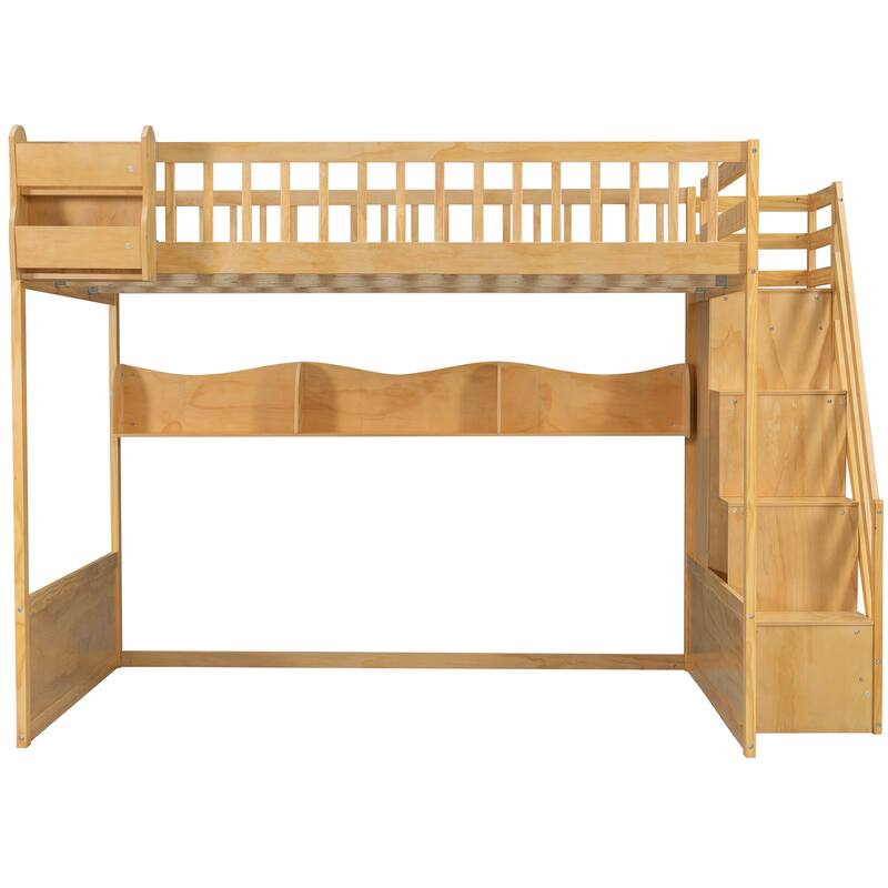 Queen Wooden Loft Bed with Storage Staircase Wardrobe, 2 Side Shelves, 3 Storage Shelves and Versatile Under-Bed Space