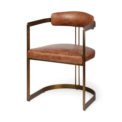 Hollyfield I Brown Leather Seat Gold Iron Frame Dining Chair - 20.5L x 22.5W x 29.5H