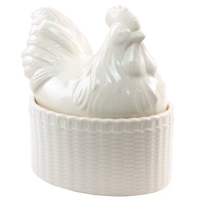 Martha Stewart 6in Stoneware Sculpted Rooster Covered Oval Baker-Cream