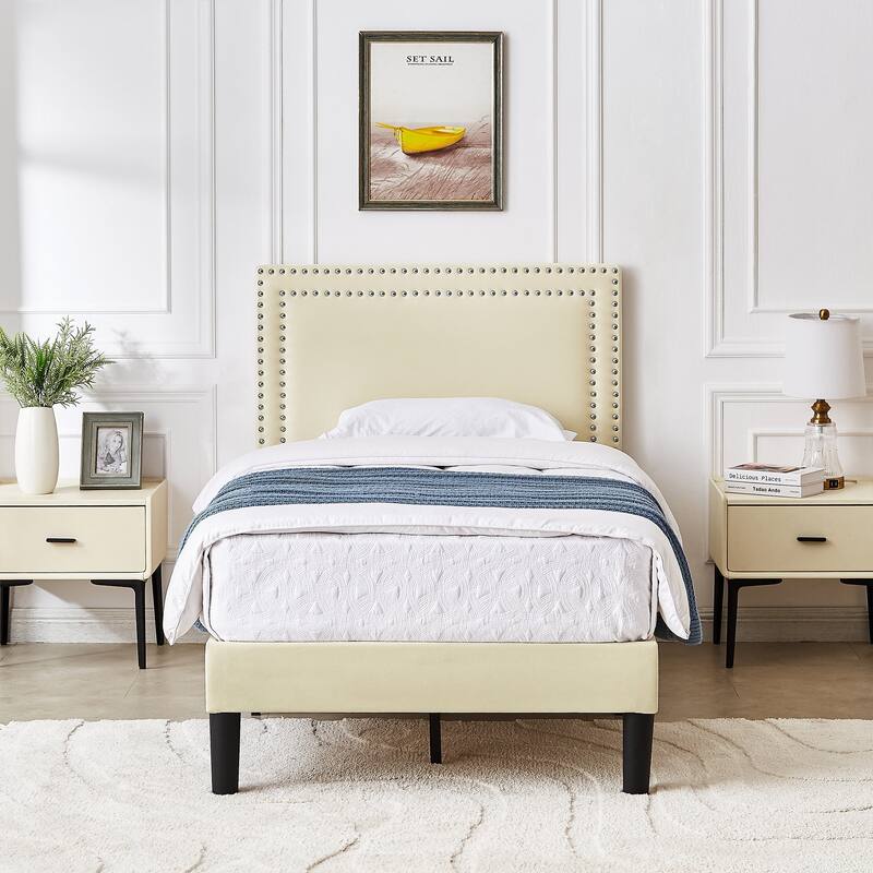 Upholstered Platform Bed Frame with Adjustable Headboard, Velvet Nailhead Trim, No Box Spring Needed - Beige - Twin