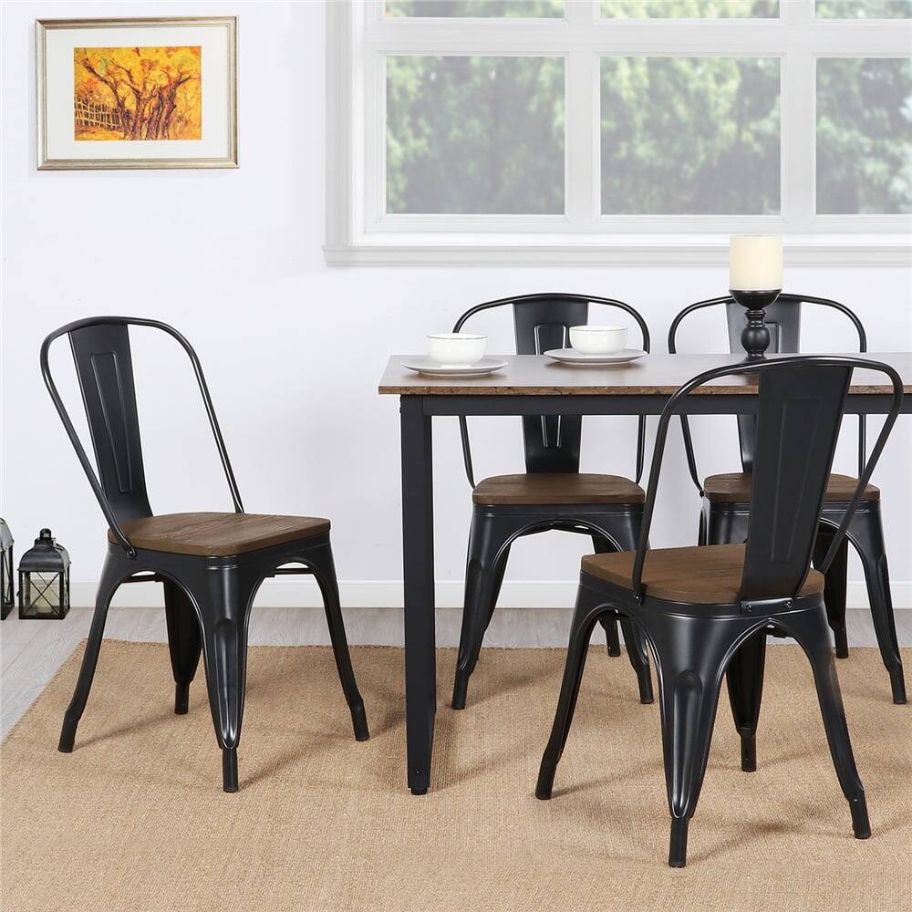 Set of 4 Metal Stackable Dining Chairs with Wooden Seat Bed Bath