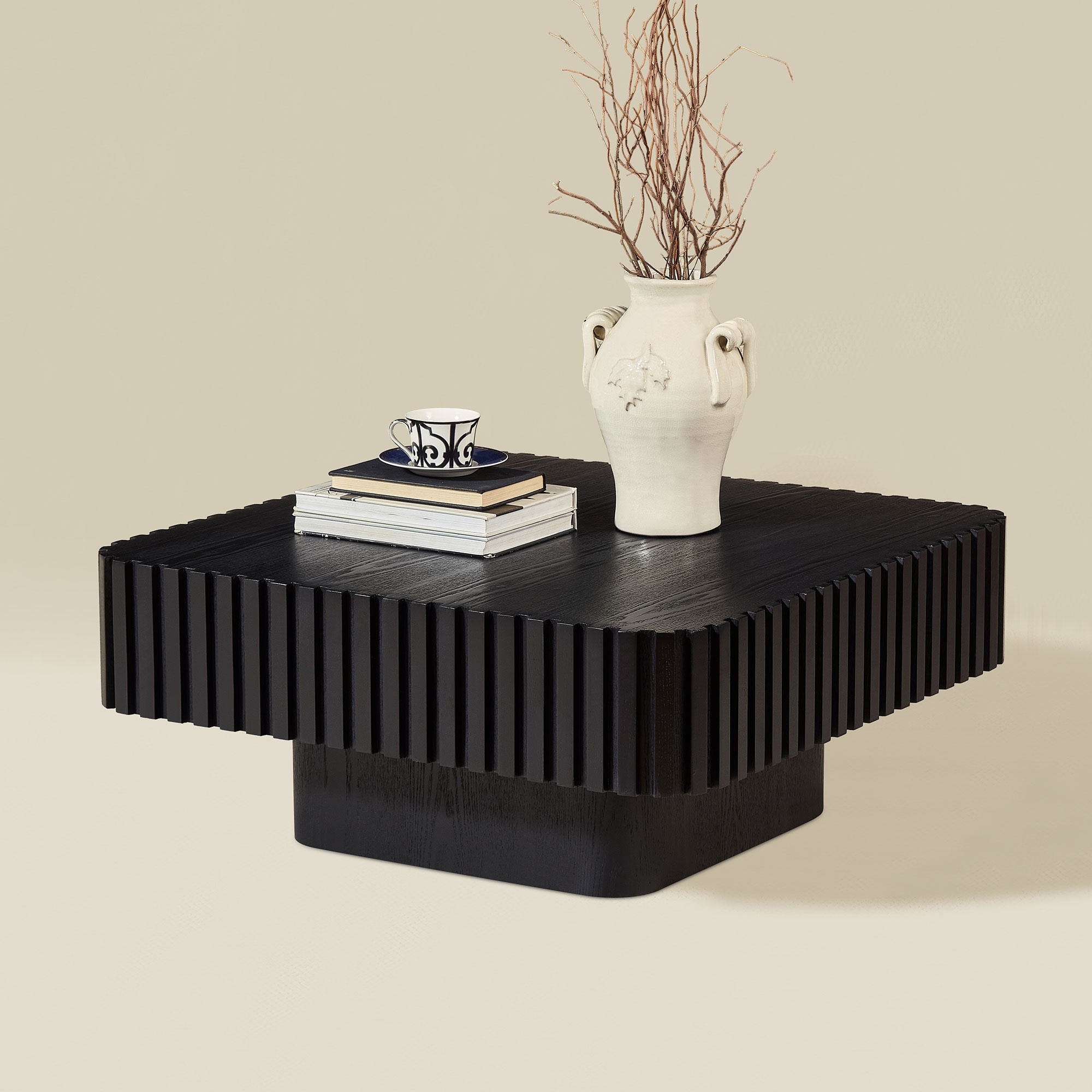 Dalmore Drum Coffee Table MDF with Handcrafted Wood Veneer Pedestal Base by GDFStudio