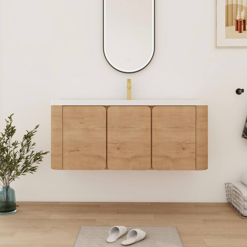 Bathroom Vanity With Resin Sink In 48/60 Inch, Floating Bathroom Vanity With Soft Close Doors - 47.6''W×18.4''D×20.6''H - Imitative Oak