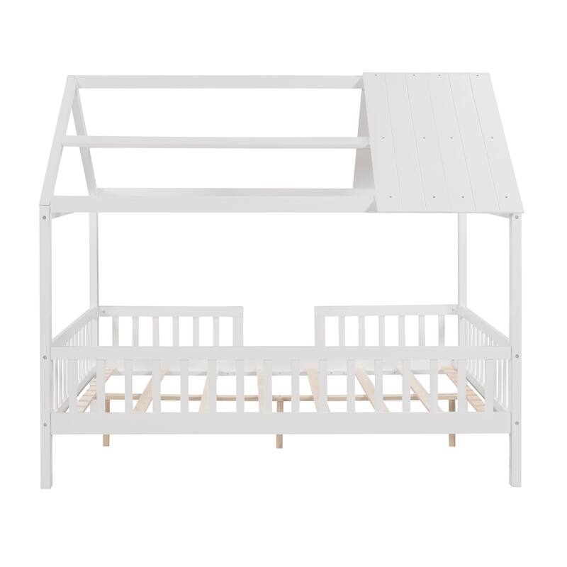 Pine House Platform Bed with Roof and Fence