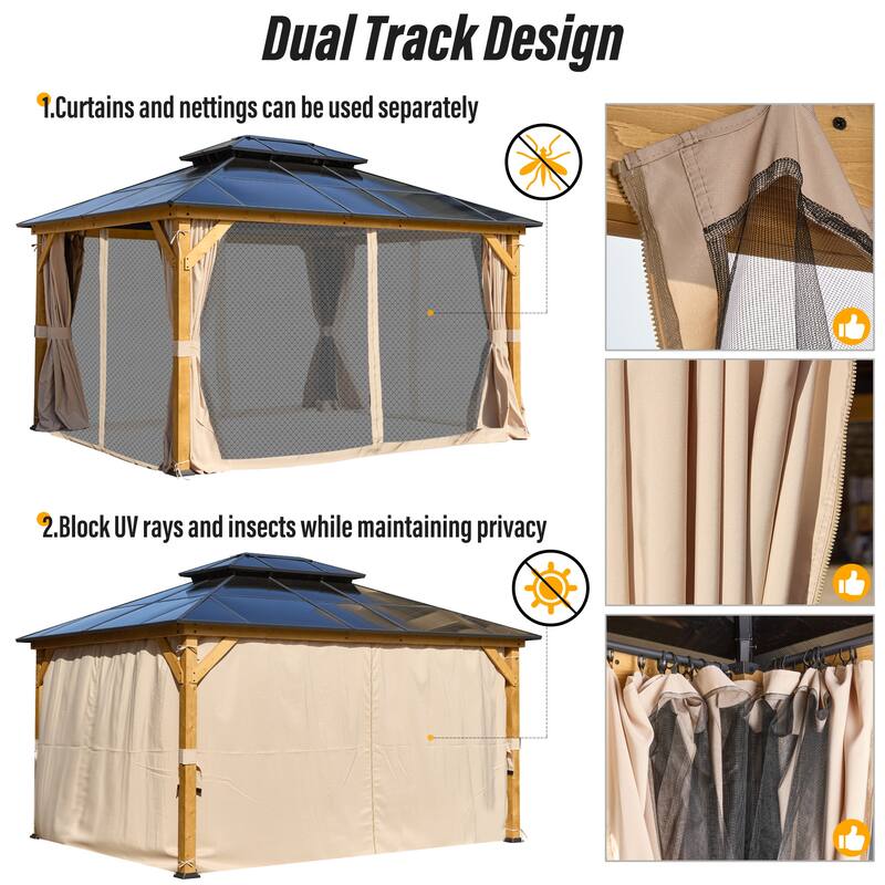 EROMMY Outdoor Wood Gazebo with Double Polycarbonate Roof, Heavy Duty Backyard Patio Pergola Canopy for Garden Shade