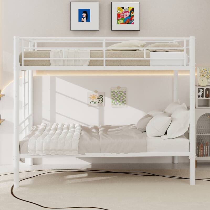 Twin Over Twin Metal Bunk Bed for Kids Boys Girls, Metal Structure Bedframe with Ladders & Guardrail, Convertible 2 Beds