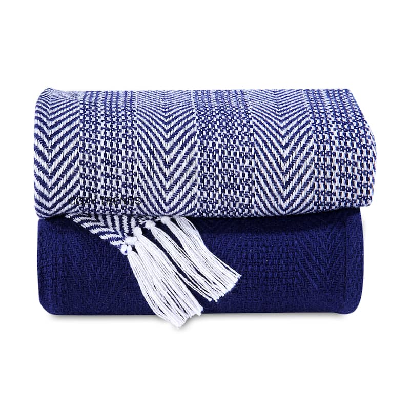 Handwoven Luxurious Cotton Sofa Couch Bed Throw Blankets All Season - Set of 2 (50''x60'') - Navy Herringbone