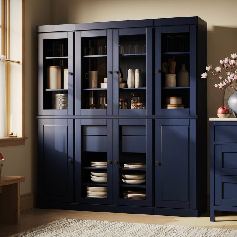 Palace Imports 100% Solid Wood Pantry China Cabinet, Raised Panel & Clear Glass Doors, 2 Drawers, 65" Wide, 71.5" Tall - Navy