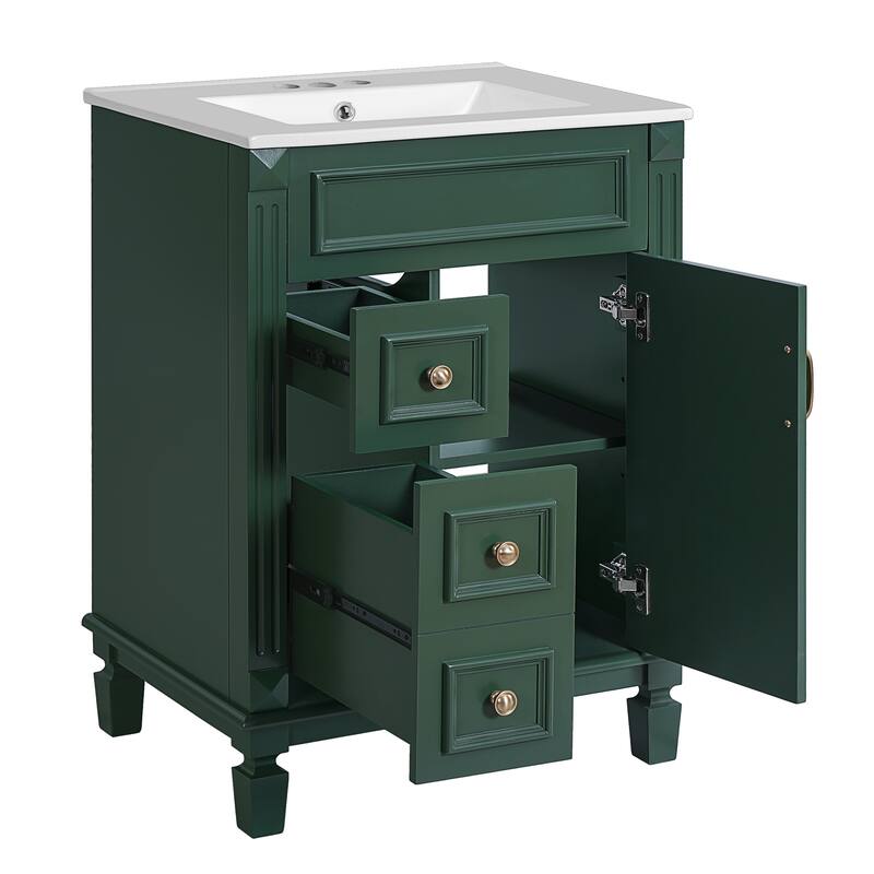 24" Bathroom Vanity With Ceramic Sink, Small Bathroom Sink Cabinet, Modern Cabinet With 2 Drawers And Adjustable Shelf