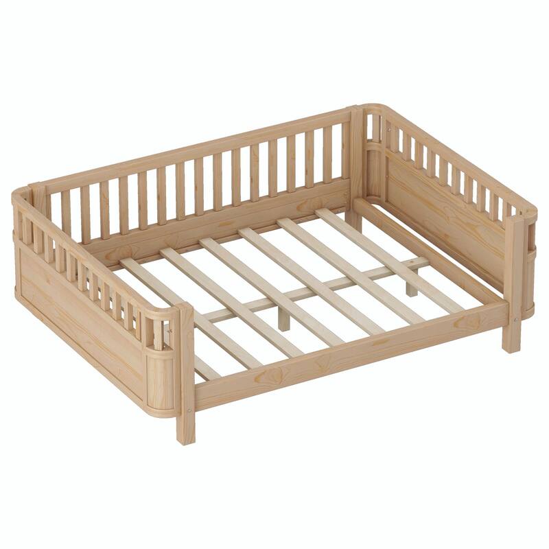 Wood Platform Bed for Kids, Low Profile Wooden Full Bed with Rails
