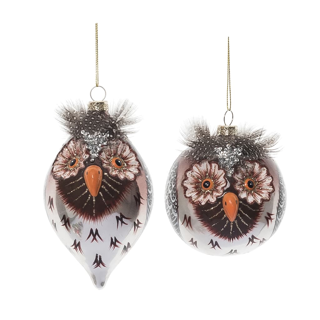 Transpac Glass Owl Ornament w/Feather Detail Set of 2 Christmas Home Decorations - Multicolor