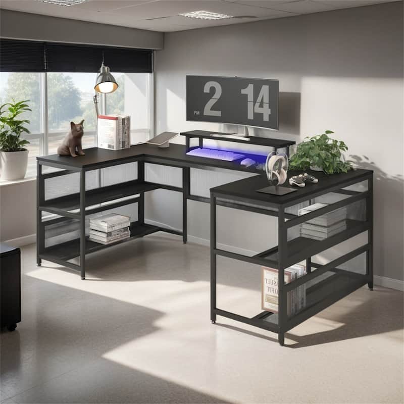 U-shaped Desk with Shelve and LED Lights