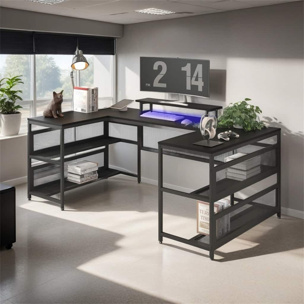 U-shaped Desk with Shelve and LED Lights