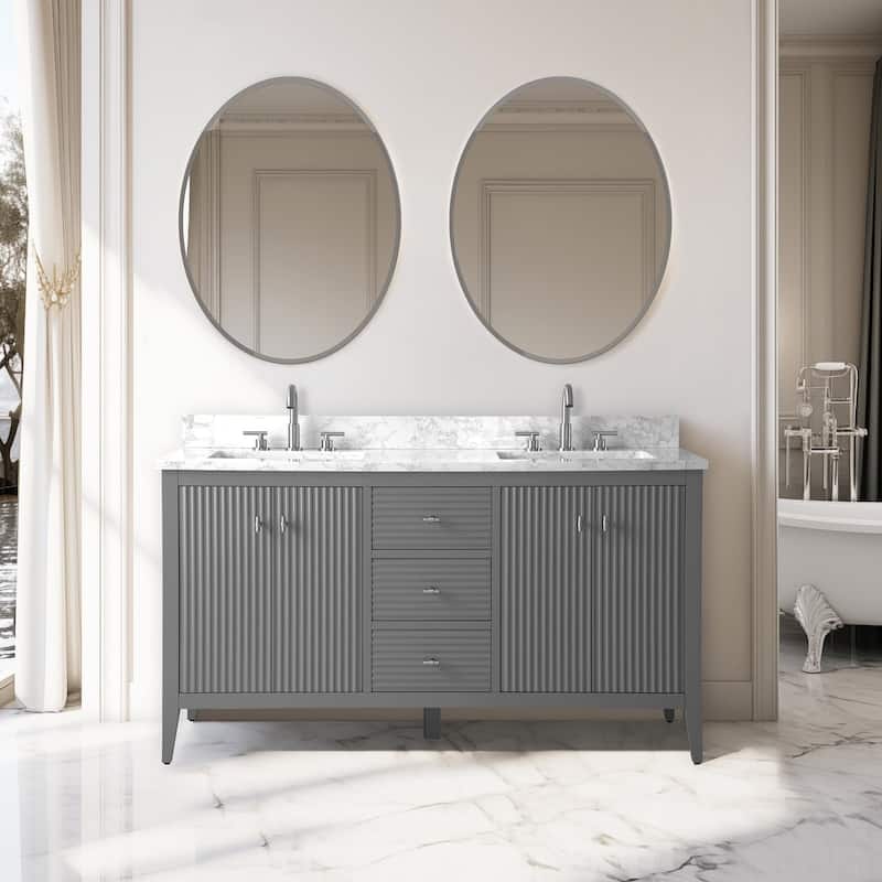 Vanity Art 60" Double Sink Bathroom Vanity Cabinet with Engineered Marble Top