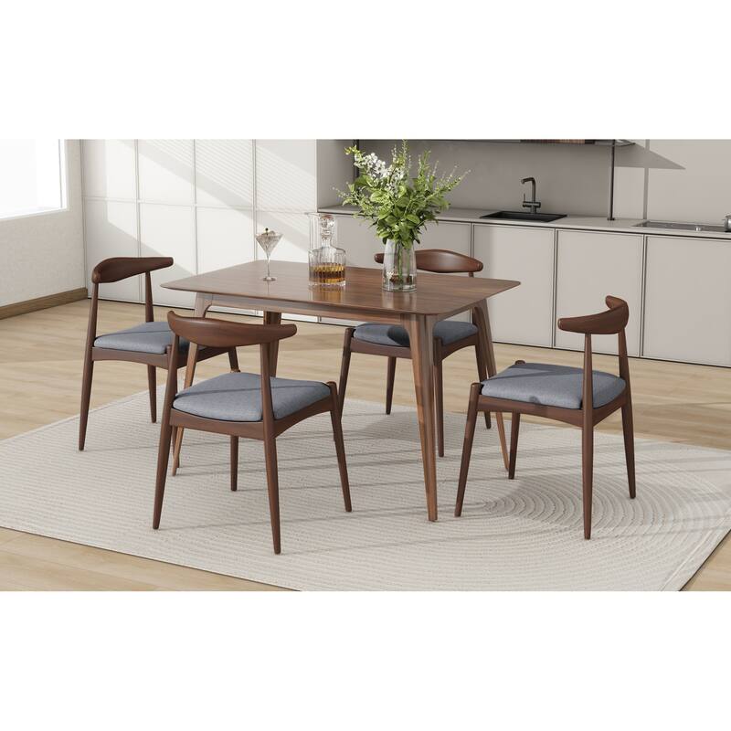 Roomfitters 5-Piece Mid-Century Dining Set, 47" Walnut Table with 4 Ergonomic Upholstered Chairs