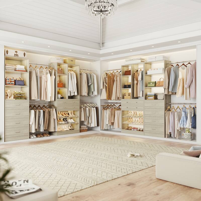 Set of 2 Closet Organizer System with Wood Drawers, Amoire Wardrobe with Hanging Rods