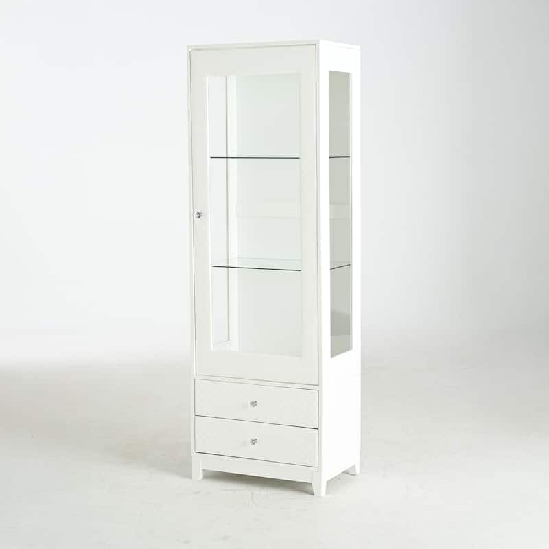 71"Tall Display Cabinet with Single Upholstered Glass Door, Wine Cabinet with 5 Colors Adjustable LED Ceiling Light - White