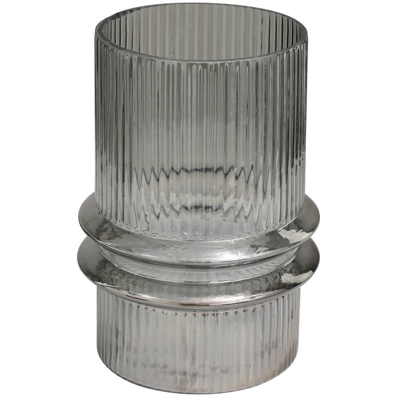 Gray Glass Wide Ribbed Candle Holder with Fluted Center