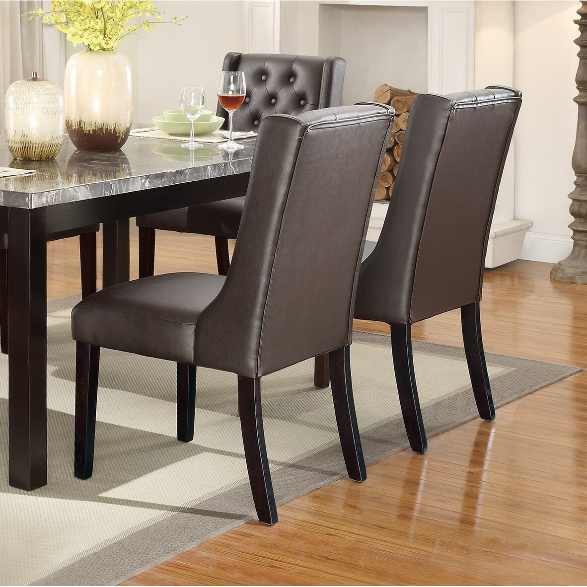 Modern Faux Leather Dining Chairs in Espresso with Tufted Design