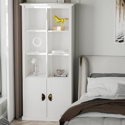 White Bookcase with Doors, Floor Standing 5 Shelf Bookshelf, Storage Cabinet for Living Room - 4-Tier