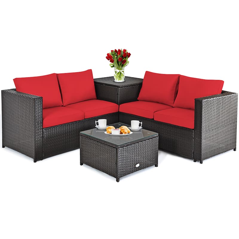 4 PCS Sectional Sofa Set Conversation Set w/ Coffee Table Storage Box - Red