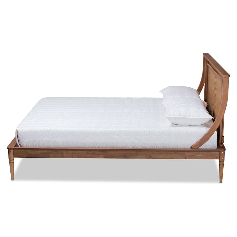 Modern Platform Bed - Walnut Brown Wood & Synthetic Rattan King Size Bed Frame
