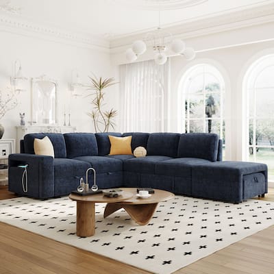 Multi-functional L-shaped Sofa with USB Ports, Storage, and Cup Holders