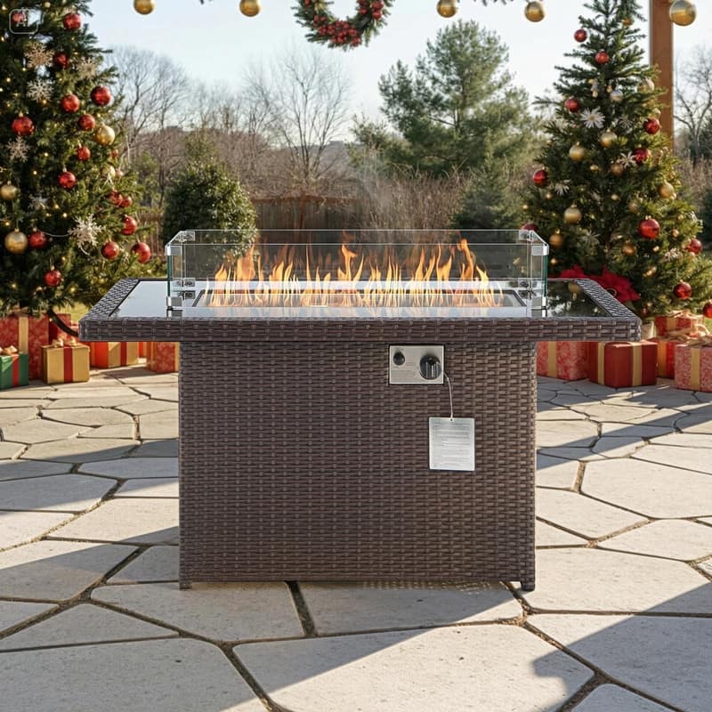 43" Wicker Outdoor Propane Fire Pit Table, 60,000 BTU, Wind Guard