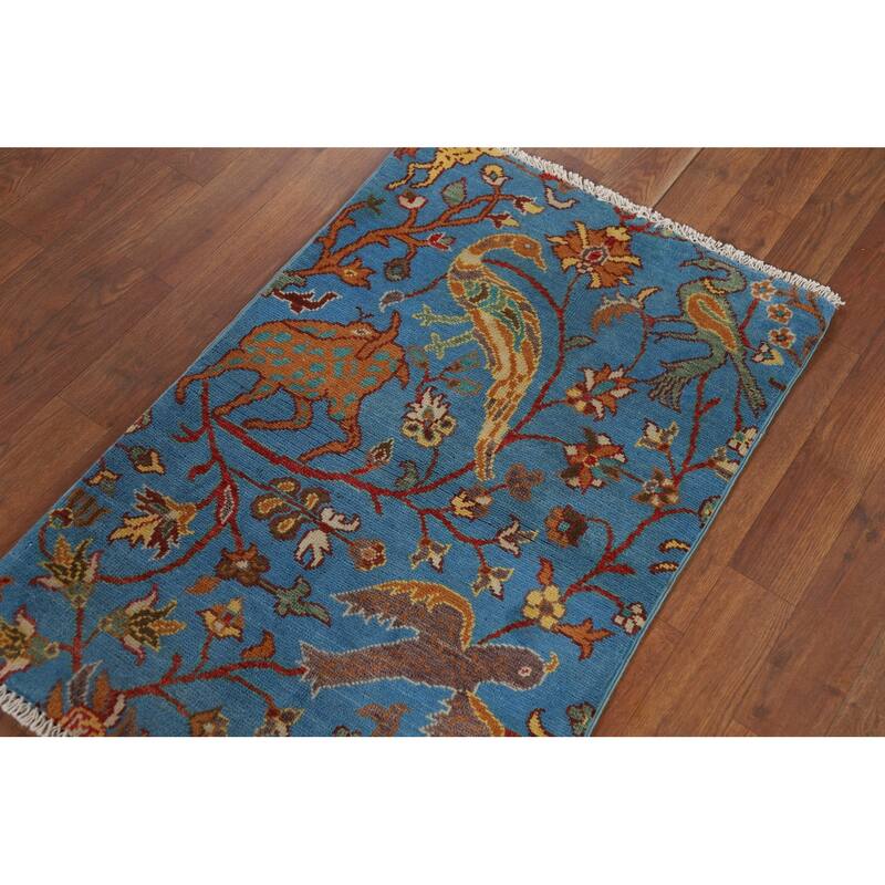 Hand Knotted Oriental 100% Wool Carpet Traditional Animal Pictorial Navy Blue & Blues Ziegler Area Rug - 3' 0'' X 2' 0''