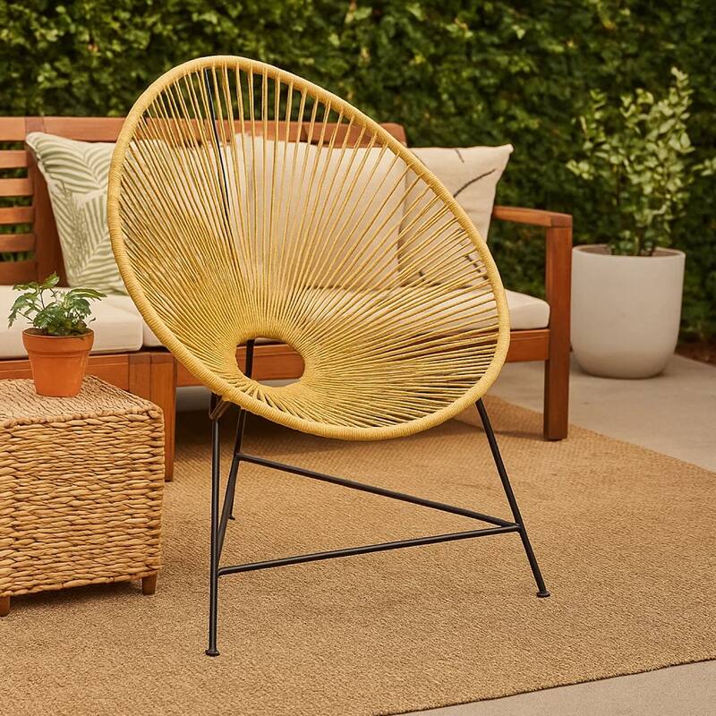 Azy Accent Chair Set of 2, Orange Natural Woven Rope, Black Iron Base