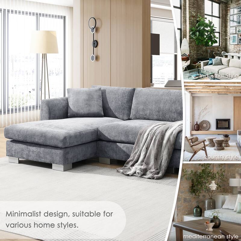 L-Shaped Sectional Sofa with Chaise Lounge, Oversized Chenille Upholstered Sofa, 4 Seater Sofa with 2 Throw Pillows