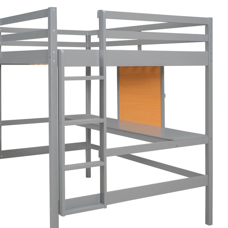 Full Size Loft Bed with Desk, Writing Board, and 2 Drawers, Gray