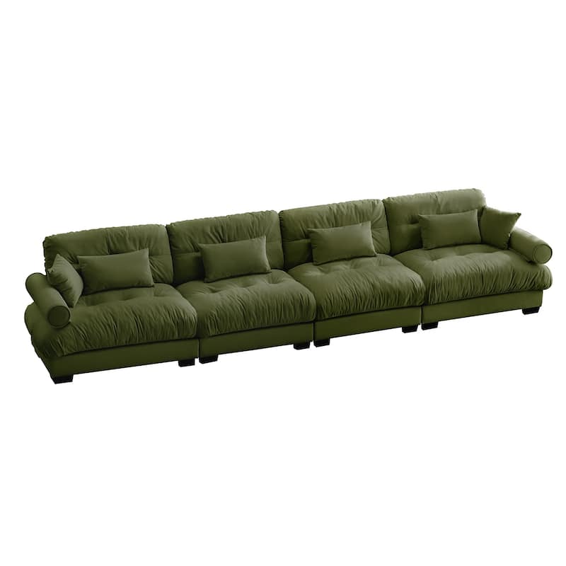 166" Velvet 4-Seater Sofa with Bolster Armrests, High-Resilience Sponge Cushions