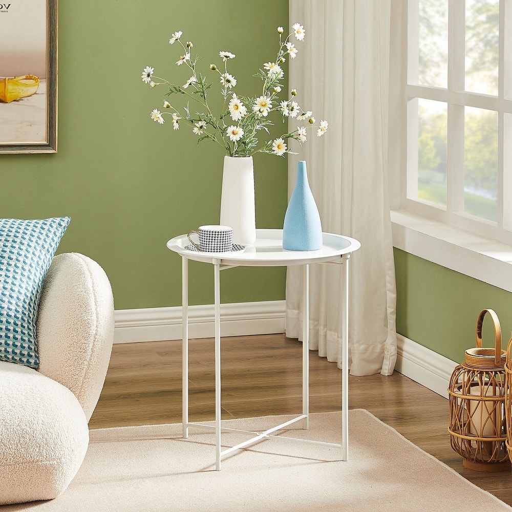 VECELO Side/End Table, Folding Round Metal Anti-Rust and Waterproof Outdoor for Living Room Bedroom,Nightstands
