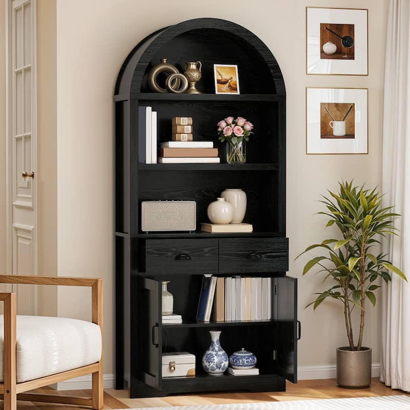 Moasis Modern 5-tier Arched Bookshelf Bookcase with Drawers and Open Doors Storage