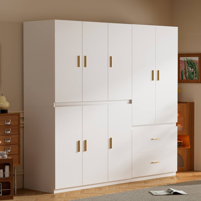 Gymojoy Armoire Wardrobe Closet, White Wooden Freestanding Clothes Storage Cabinet with Hanging Rods and Shelves for Bedroom