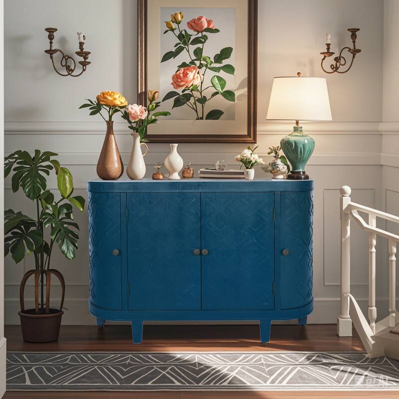 47" Storage Cabinet with 4 Doors, Buffet Sideboard Cabinet with Storage, Fluted Accent Console with Curvy Edge and Sliding Door