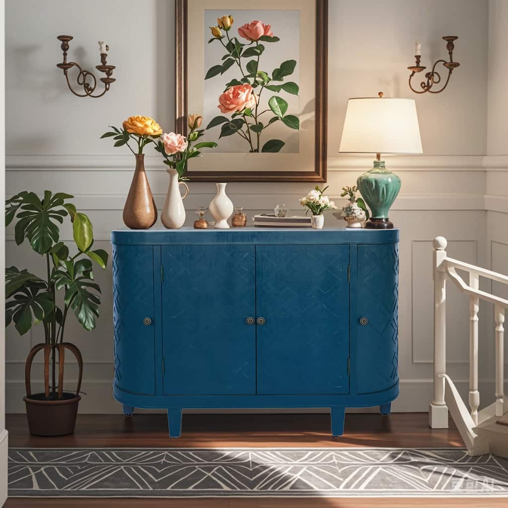 Buffet Sideboard Cabinet with Curvy Edge, Freestanding Wooden Storage Cabinet, Fluted Accent Cabinet with Sliding Door