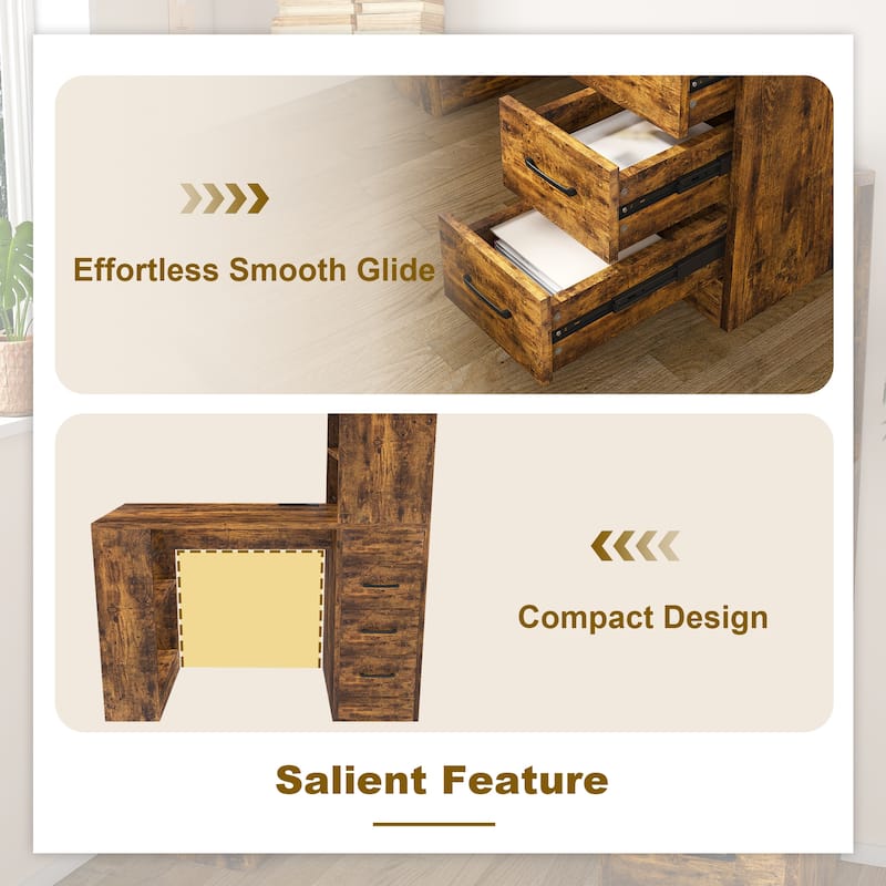 Computer Desk with 4-in-1 Socket & 3 Drawers, 4-Tier Storage Shelves, Carbonized Wood Finish Laminate for Home Office, Study