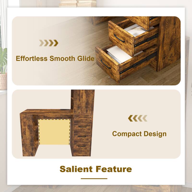 Roomfitters Computer Desk with Charging Station, 3 Drawers and 4 Tier Storage Shelves, Carbonized Wood Home Office Table, Brown