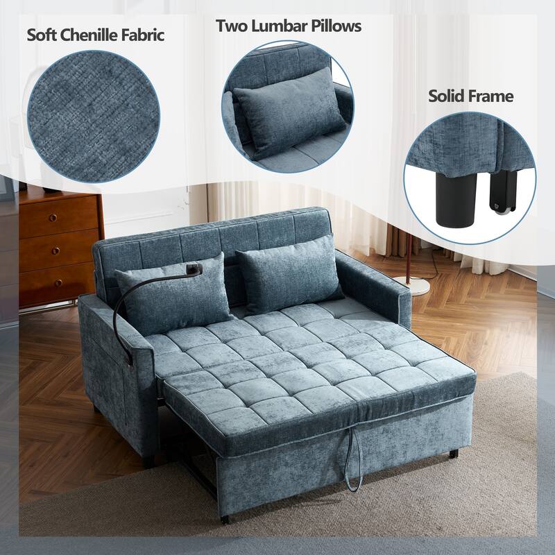 Roomfitters Loveseat Pull-Out Sofa Bed with Reversible Backrest Cushion, Side Pockets, USB Ports, and Phone Holder