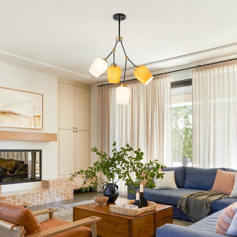 4-Light Black & Gold Y-Shaped Chandelier with Wood-Grain Glass Shades - Dia.22.83-in