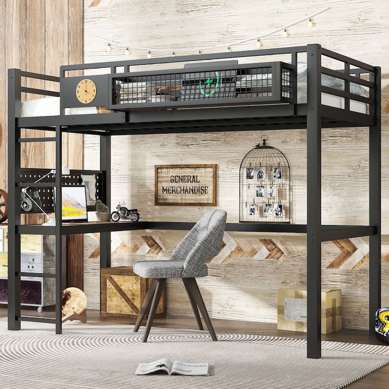 Metal Loft Bed with Desk & Storage Basket, Includes Alarm Clock & Charging Port, Queen/Full/Twin XL