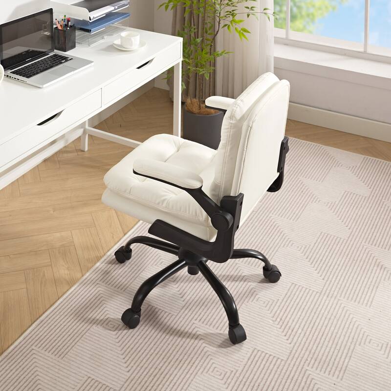 Javlergo White PU Leather Office Chair Adjustable Back 360° Swivel Chair with Flip-Up Arms Ergonomic Desk Chair for Home Office
